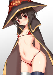 Rule 34 | 1girl, arms behind back, bandaged leg, bandages, bikini, black thighhighs, blush, breasts, cape, chestnut mouth, commentary request, cowboy shot, gradient background, grey background, groin, hat, kono subarashii sekai ni shukufuku wo!, looking at viewer, megumin, micro bikini, navel, red bikini, red eyes, short hair, single thighhigh, small breasts, solo, stomach, swimsuit, thighhighs, toshishikisai, witch hat