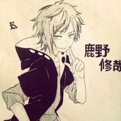 Rule 34 | 10s, 1boy, finger to mouth, hood, hoodie, kagerou project, kano shuuya, looking at viewer, male focus, mekakucity actors, mekakushi code (vocaloid), monochrome, photo (medium), refibayu1, signature, smirk, solo, traditional media, vocaloid
