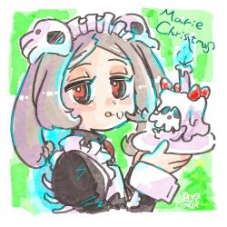Rule 34 | 1girl, apron, bloody marie (skullgirls), brooch, cake, candle, christmas, food, food on face, frilled apron, frills, fruit, green background, grey hair, hair ornament, half-closed eyes, holding, jewelry, juliet sleeves, kimoppo (kmzk), licking lips, long sleeves, looking at viewer, maid apron, maid headdress, plate, puffy sleeves, red eyes, skull, skull hair ornament, skullgirls, solo, strawberry, tongue, tongue out, twintails, upper body