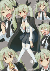 Rule 34 | 10s, 1girl, ^^^, anchovy (girls und panzer), belt, black footwear, black skirt, blush, cape, closed eyes, closed mouth, crying, dress shirt, drill hair, eating, expressions, food, full body, girls und panzer, green hair, grey background, hair ribbon, highres, holding, holding riding crop, loafers, long hair, long sleeves, looking at viewer, miniskirt, multiple views, necktie, necktie grab, neckwear grab, open mouth, pantyhose, pizza, pleated skirt, red eyes, ribbon, riding crop, school uniform, shirt, shoes, simple background, skirt, smile, standing, sweat, twin drills, twintails, twitter username, white pantyhose, white shirt, yuuma (noel)