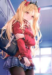 Rule 34 | 1girl, absurdres, bag, blonde hair, blue skirt, blush, bow, box, breasts, brown pantyhose, brown scarf, closed mouth, ereshkigal (fate), fate/grand order, fate (series), getabako, gift, gift box, grey skirt, hair between eyes, hair bow, higeneko, highres, holding, holding gift, indoors, jacket, long hair, long sleeves, looking at viewer, medium breasts, pantyhose, parted bangs, plaid, plaid skirt, pleated skirt, red bow, red eyes, red jacket, scarf, school bag, school uniform, shoulder bag, skirt, solo, sweat, thighs, tiara, two side up, valentine, very long hair, window