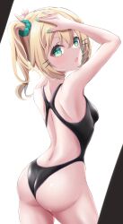 Rule 34 | 1girl, absurdres, ass, black one-piece swimsuit, blonde hair, bob cut, competition swimsuit, cowboy shot, from behind, green eyes, green nails, hair ornament, hairclip, hands on own head, highres, looking at viewer, looking back, millie parfait, nail polish, nijisanji, nijisanji en, obanana (ahap7438), one-piece swimsuit, short hair, simple background, solo, standing, swimsuit, virtual youtuber, white background