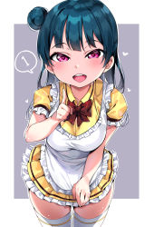 Rule 34 | 1girl, :d, apron, blue hair, blush, bow, collarbone, collared shirt, frilled apron, frills, grey background, hair bun, heart, highres, index finger raised, long hair, love live!, love live! school idol festival, love live! sunshine!!, open mouth, outline, pleated skirt, puffy short sleeves, puffy sleeves, purple eyes, red bow, round teeth, shirt, short sleeves, single hair bun, skirt, smile, solo, teeth, tem10, thighhighs, tsushima yoshiko, two-tone background, upper teeth only, very long hair, white apron, white background, white outline, white thighhighs, yellow shirt, yellow skirt