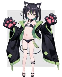 Rule 34 | 1girl, animal ear fluff, animal ears, animal hands, arms up, bikini, black bikini, black gloves, black hair, black jacket, black sleeves, breasts, cat ears, cat tail, expressionless, fake animal ears, fake tail, full body, gloves, gluteal fold, green eyes, grey background, highres, jacket, legs, looking at viewer, luckyeldayo, multicolored hair, navel, original, paw gloves, sandals, short hair, simple background, small breasts, solo, standing, streaked hair, swimsuit, tail, thigh strap, thighs, two side up
