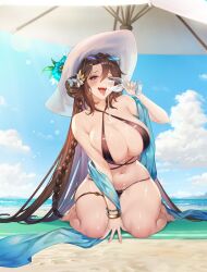 Rule 34 | 1girl, absurdres, armpit crease, barefoot, beach, beach umbrella, bird, black slingshot swimsuit, blue eyes, blue sarong, blush, bracelet, braid, breasts, brown dust 2, brown hair, cloud, cloudy sky, cup, dalvi (brown dust), drinking glass, eyewear on head, fangs, flower, full body, hair flower, hair ornament, hair rings, hat, hat flower, hexagonal eyewear, highres, holding, holding cup, huge breasts, jewelry, long hair, looking at viewer, nail polish, navel, ocean, official art, open mouth, pouring, pouring onto self, sarong, second-party source, sitting, sky, slingshot swimsuit, solo, stomach, sun hat, sunglasses, swimsuit, teeth, thigh strap, tongue, tongue out, umbrella, upper teeth only, very long hair, wariza, wet, white hat, wine glass