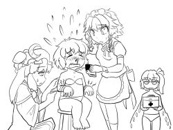 Rule 34 | 4girls, 4koma, apron, asymmetrical hair, asymmetrical wings, blood, braid, bruise, comic, crescent, crescent hair ornament, double bun, closed eyes, flandre scarlet, greyscale, hair ornament, hat, injury, izayoi sakuya, jitome, kneeling, long hair, looking at another, maid, maid apron, maid headdress, mob cap, monochrome, multiple girls, nosebleed, patchouli knowledge, remilia scarlet, short hair, side ponytail, sitting, touhou, twin braids, wading pool, waist apron, wings, yukiman