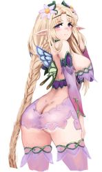 Rule 34 | 1girl, ass, ass cutout, barbariank, bare shoulders, blonde hair, blush, braid, breasts, butt crack, butterfly wings, clothing cutout, commentary, detached sleeves, dimples of venus, english commentary, eyes visible through hair, flower, from behind, hair flower, hair ornament, hand on own thigh, hand up, insect wings, large breasts, long hair, looking at viewer, looking back, mini wings, monster girl encyclopedia, monster girl encyclopedia ii, nose blush, pointy ears, purple eyes, simple background, smile, solo, thighhighs, titania (monster girl encyclopedia), very long hair, white background, wings
