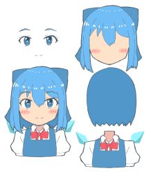 Rule 34 | 1girl, blue dress, blue eyes, blue hair, blush, blush stickers, bow, cirno, closed mouth, cropped torso, dress, hair between eyes, hair bow, how to, looking at viewer, mizune (winter), multiple views, red bow, shirt, short hair, smile, touhou, upper body, white background, white shirt