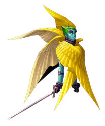 Rule 34 | 1boy, angel wings, blue skin, clenched hand, colored skin, doll joints, earrings, eyebrows, green eyes, green hair, highres, jewelry, joints, kazfiel (megami tensei), kazuma kaneko, male focus, matching hair/eyes, multiple wings, official art, seraph, shin megami tensei, solo, sword, thick eyebrows, weapon, wings