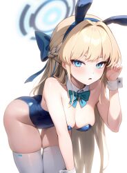 Rule 34 | 1girl, absurdres, animal ears, aqua bow, aqua bowtie, ass, bare shoulders, blonde hair, blue archive, blue bow, blue eyes, blue halo, blue leotard, blurry, blush, bow, bowtie, braid, breasts, cleavage, commentary, depth of field, detached collar, fake animal ears, french braid, groin, hair bow, hair intakes, halo, hand up, highleg, highleg leotard, highres, leaning forward, leotard, looking at viewer, medium breasts, official alternate costume, official alternate hairstyle, playboy bunny, qserax2, rabbit ears, simple background, skindentation, solo, strapless, strapless leotard, thigh gap, thighhighs, thighs, toki (blue archive), toki (bunny) (blue archive), white background, white thighhighs, white wrist cuffs, wrist cuffs