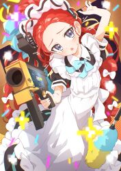 Rule 34 | 1girl, aiming, aiming at viewer, apron, arm up, black dress, blue archive, blue bow, blue bowtie, blush, bow, bowtie, collared dress, commentary, dress, duster, feet out of frame, forehead, frilled apron, frills, fuji tarawi, gun, hair bow, hair pulled back, highres, holding, holding gun, holding weapon, maid, maid apron, maid headdress, multiple hair bows, official alternate costume, parted lips, ponytail, puffy short sleeves, puffy sleeves, purple eyes, red hair, short sleeves, solo, weapon, white apron, white bow, yuzu (blue archive), yuzu (maid) (blue archive)