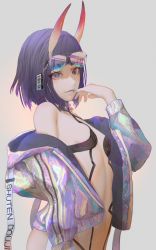 Rule 34 | 1girl, adapted costume, blunt bangs, bob cut, breasts, closed mouth, commentary request, contemporary, eyewear on head, fangs, fate/grand order, fate (series), from side, grey background, hand to own mouth, highres, horns, jacket, looking at viewer, nagamerin, nail polish, navel, oni, price tag, purple eyes, purple hair, purple nails, reflective clothing, revealing clothes, short hair, shuten douji (fate), simple background, skin-covered horns, small breasts, smile, standing, stomach, sunglasses, thick eyebrows