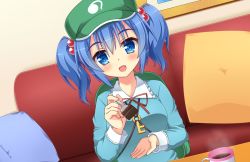 Rule 34 | 1girl, blue eyes, blue hair, blush, fang, feeding, fork, green hat, hair bobbles, hair ornament, hat, holding, holding fork, houkiboshi, indoors, kawashiro nitori, looking at viewer, open mouth, short hair, short twintails, smile, solo, touhou, twintails, valentine