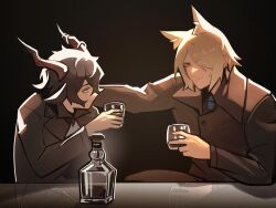 Rule 34 | 2boys, alcohol, animal ear fluff, animal ears, arknights, ascot, black coat, black hair, black jacket, black pants, black shirt, blonde hair, blue necktie, coat, collared coat, collared shirt, cup, dark background, distr, drinking glass, ebenholz (arknights), formal, glass bottle, goat boy, goat ears, goat horns, hair over one eye, hand on another&#039;s shoulder, highres, holding, holding cup, horns, horse boy, horse ears, jacket, long sleeves, looking at another, male focus, mlynar (arknights), multiple boys, necktie, pants, purple eyes, reflection, shirt, short hair, sitting, smile, suit, suit jacket, trench coat, upper body, white ascot, yellow eyes