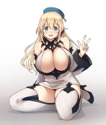 Rule 34 | 1girl, atago (kancolle), bare shoulders, blonde hair, blush, breasts, cleavage, cosplay, curvy, detached sleeves, dress, garter straps, green eyes, hat, high heels, highres, huge breasts, kantai collection, long hair, looking at viewer, open mouth, pas (paxiti), ribbed dress, ribbed legwear, seaport water oni, seaport water oni (cosplay), short dress, smile, solo, thick thighs, thighhighs, thighs, v, white dress, white thighhighs, wide hips, zettai ryouiki