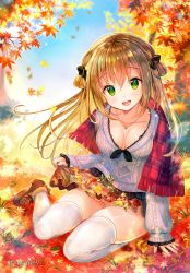 Rule 34 | 1girl, aran sweater, autumn, autumn leaves, ayane yui, bad id, bad twitter id, black ribbon, blonde hair, breasts, breasts apart, brown footwear, cable knit, commentary request, day, full body, green eyes, grey sweater, hair ribbon, heads together, highres, jewelry, leaf, long hair, looking at viewer, maple leaf, medium breasts, miniskirt, necklace, open mouth, original, outdoors, panties, pantyshot, plaid, plaid scarf, red scarf, ribbon, scarf, shoes, sitting, skirt, smile, solo, sparkle, sweater, thighhighs, twitter username, underwear, white thighhighs, wind