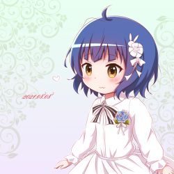 Rule 34 | 1girl, ahoge, blue hair, blush, bow, brown eyes, closed mouth, collared dress, commentary request, dated, dress, fang, fang out, flower, gochuumon wa usagi desu ka?, goth risuto, hair bow, hair flower, hair ornament, heart, jouga maya, long sleeves, puffy long sleeves, puffy sleeves, rabbit hair ornament, sleeves past wrists, smile, solo, white bow, white dress, white flower