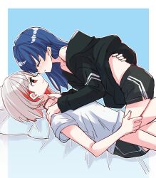 Rule 34 | 2girls, black choker, black shorts, blue hair, choker, closed eyes, collarbone, colored inner hair, face-to-face, facing another, girl on top, gradient background, grey hair, hair down, hand on another&#039;s back, hand on another&#039;s leg, hands on another&#039;s shoulders, hickey, highres, jacket, jacket partially removed, kanduki kamibukuro, blue background, light smile, link! like! love live!, long hair, long sleeves, looking at another, love live!, lying, mole, mole on neck, multicolored hair, multiple girls, murano sayaka, noses touching, on back, outline, parted lips, red hair, shirt, short hair, shorts, streaked hair, white outline, white shirt, yugiri tsuzuri, yuri