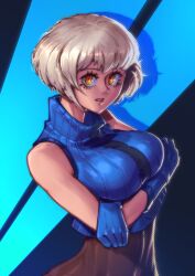 Rule 34 | absurdres, arm across chest, bare shoulders, black bodysuit, blue gloves, bodysuit, crop top, cropped sweater, elizabeth (persona), gloves, hatidraw, highres, persona, persona 3, short hair, skin tight, three quarter view, white hair, yellow eyes
