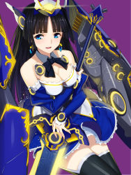 Rule 34 | 1girl, bare shoulders, black hair, blue eyes, blush, breasts, cleavage, detached sleeves, dress, earrings, fumiake manami, glowing, glowing weapon, jewelry, junketsu duelion, large breasts, long hair, looking at viewer, mecha musume, official art, purple background, simple background, skirt, smile, solo, sword, thighhighs, weapon, yangsion