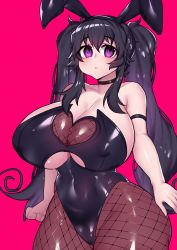 Rule 34 | 1girl, absurdres, animal ears, bare shoulders, black hair, breasts, choker, cleavage, collarbone, covered erect nipples, curvy, fake animal ears, fishnets, hair curls, highres, huge breasts, leotard, long hair, looking at viewer, messy hair, navel, nyarla (osiimi), open mouth, osiimi, pantyhose, parted lips, playboy bunny, plump, purple eyes, purple hair, rabbit ears, solo, thick thighs, thighs, twintails, underboob, very long hair, wide hips