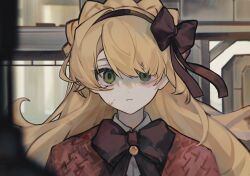 Rule 34 | 1girl, blonde hair, blood, blood on clothes, blood on face, bow, bowtie, braid, brown bow, brown bowtie, brown capelet, brown hairband, capelet, closed mouth, crown braid, green eyes, hair bow, hairband, highres, lobotomy corporation, long hair, looking at viewer, project moon, solo, tiphereth a (project moon), upper body, usamisatori, very long hair