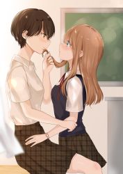 Rule 34 | 2girls, blue eyes, blush, brown hair, classroom, commission, earrings, eye contact, height difference, highres, holding another&#039;s hair, jewelry, long hair, looking at another, multiple girls, original, pixiv commission, profile, school uniform, short hair, smile, wei yong, yellow eyes, yuri