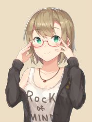 Rule 34 | 10s, 1girl, akii, blush, brown hair, clothes writing, commentary request, glasses, green eyes, idolmaster, idolmaster cinderella girls, jewelry, looking at viewer, necklace, red-framed eyewear, short hair, simple background, smile, solo, tada riina, upper body