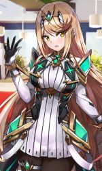 Rule 34 | absurdres, bare shoulders, black pantyhose, blonde hair, breasts, chest jewel, dress, earrings, elbow gloves, gloves, highres, jewelry, large breasts, long hair, mythra (massive melee) (xenoblade), mythra (xenoblade), nakazou2000, pantyhose, short dress, solo, swept bangs, thigh strap, tiara, very long hair, white dress, white gloves, xenoblade chronicles (series), xenoblade chronicles 2, yellow eyes
