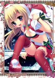 Rule 34 | 1girl, :d, absurdres, bag, bell, bikini, bikini top only, blonde hair, blue eyes, blush, boots, bow, breasts, capelet, chimney, christmas, cleavage, hair ornament, hairclip, hairpin, hat, highres, long hair, looking at viewer, medium breasts, navel, open mouth, original, red thighhighs, ribbon, rooftop, sack, santa costume, santa hat, shiramori yuse, skirt, smile, snow, snowflakes, swimsuit, thigh boots, thighhighs