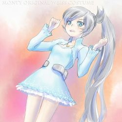 Rule 34 | 1girl, blue dress, blue eyes, commentary request, dress, english text, iesupa, jewelry, long hair, necklace, ponytail, prototype design, rwby, scar, scar across eye, scar on face, solo, weiss schnee, white hair