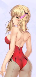 Rule 34 | 1girl, ass, bare back, blonde hair, blush, breasts, hair ornament, large breasts, leotard, long hair, only haruka, open mouth, phantasy star, phantasy star online 2, playboy bunny, red leotard, simple background, solo, tattoo, yellow eyes