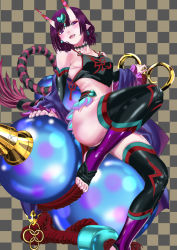 Rule 34 | 1girl, absurdres, bare shoulders, black fundoshi, black thighhighs, blush, breasts, checkered background, chinese clothes, choker, club, club (weapon), collarbone, detached sleeves, dudou, earrings, eyeliner, fangs, fate/grand order, fate (series), feet, forehead jewel, fundoshi, gourd, headpiece, heart, highres, horns, japanese clothes, jewelry, kouhanpatu-makura, legs, low twintails, makeup, oni, open mouth, purple eyes, purple hair, rope, sash, short eyebrows, short hair, short twintails, shuten douji (fate), shuten douji (fate/grand order), shuten douji (halloween caster) (fate), sitting, skin-covered horns, small breasts, smile, solo, spiked club, star (symbol), star print, thighhighs, thighs, toeless legwear, twintails, weapon