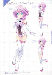 Rule 34 | 1girl, absurdres, asymmetrical hair, bare shoulders, blue eyes, blush, bodysuit, boots, character name, choujigen game neptune mk2, choujijigen game neptune re;birth 2, covered collarbone, covered navel, elbow gloves, flat chest, full body, gloves, grid background, hair between eyes, hands on own chest, highres, leg lift, leotard, long hair, looking at viewer, multiple views, neptune (series), official art, pink hair, power symbol, power symbol-shaped pupils, scan, shin jigen game neptune vii, simple background, smile, standing, standing on one leg, symbol-shaped pupils, thigh boots, thighhighs, tsunako, turtleneck, white background, white gloves, white sister ram