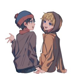 Rule 34 | 2boys, beanie, black hair, blonde hair, blue eyes, brown jacket, child, coat, commentary, commentary request, cuf nayl, fur hat, hat, highres, hood, hood up, jacket, kenny mccormick, looking at another, male focus, multiple boys, open mouth, short hair, simple background, smile, south park, stan marsh, teeth, upper teeth only, white background