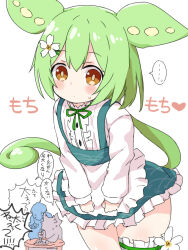 Rule 34 | ..., 1girl, 2others, anger vein, apron, aqua dress, blush, center frills, clenched hands, closed mouth, commentary request, cowboy shot, dot mouth, double-parted bangs, dress, flower, frilled dress, frills, green hair, green ribbon, hair flower, hair ornament, high-waist skirt, highres, holding, holding pen, long hair, long sleeves, low ponytail, maid, maid apron, multiple others, naitou kouse, neck ribbon, official alternate costume, orange eyes, pen, pointing, ribbon, shirt, silhouette, skirt, solo focus, spoken ellipsis, suspender skirt, suspenders, sweatdrop, table, tareme, thick thighs, thighs, translation request, v arms, voicevox, white background, white flower, white shirt, writing, zundamon