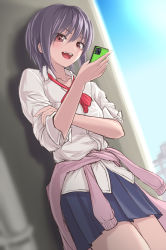 Rule 34 | 1girl, absurdres, blue skirt, blue sky, blurry, blurry background, breast pocket, cellphone, clothes around waist, collared shirt, commentary request, day, dutch angle, hand up, highres, keke (akuringo731), medium hair, necktie, open mouth, original, outdoors, phone, pink sweater, pleated skirt, pocket, purple hair, red eyes, red necktie, shirt, skirt, sky, sleeves past elbows, smartphone, smile, solo, standing, sweater, sweater around waist, v-shaped eyebrows, white shirt