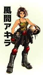 Rule 34 | 1girl, ahoge, armored boots, biker clothes, black gloves, boots, breasts, brown eyes, brown hair, camouflage, camouflage tank top, capcom, character name, cleavage, clenched hand, clothes around waist, commentary, david liu, full body, furrowed brow, gloves, unworn headwear, helmet, unworn helmet, highres, holding, holding helmet, jacket, jacket around waist, justice gakuen, kazama akira, knee pads, leather, leather pants, light smile, narrow waist, pants, pink background, revision, short hair, skull, small breasts, solo, street fighter, street fighter v, tank top, tomboy, toned