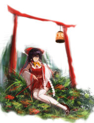 Rule 34 | 12cat, 1girl, ascot, black eyes, black hair, bow, detached sleeves, faux traditional media, flower, gohei, grass, hair bow, hakurei reimu, hand on own chin, highres, lantern, lips, long hair, looking at viewer, mary janes, midriff, nature, outdoors, reclining, sarashi, shoes, simple background, skirt, skirt set, solo, thighhighs, torii, touhou, white background
