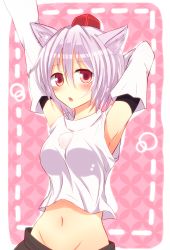 Rule 34 | 1girl, animal ears, armpits, arms behind back, arms up, bad id, bad pixiv id, bare shoulders, blush, breasts, crop top, crop top overhang, detached sleeves, groin, hat, highres, inubashiri momiji, large breasts, looking at viewer, midriff, mononoimofu, navel, open mouth, pom pom (clothes), red eyes, shirt, short hair, silver hair, skirt, solo, stomach, tokin hat, touhou, wolf ears