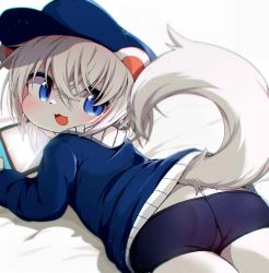 Rule 34 | 1girl, :3, animal ears, ass, bike shorts, blue eyes, blue hat, blush, butt crack, crossed bangs, female focus, furry, furry female, hair between eyes, handheld game console, hat, highres, looking at viewer, lying, medium hair, ne (nefuraito336), nintendo switch, on bed, on stomach, open mouth, original, solo, tail, weasel ears, weasel girl, weasel tail, white fur, white hair