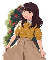 Rule 34 | 1girl, :d, aida rikako, beige skirt, brown eyes, brown hair, bush, collared shirt, commentary request, floral print, flower, highres, long hair, looking at viewer, open mouth, photo-referenced, real life, shirt, skirt hold, smile, solo, transparent background, voice actor, waste-man, yellow shirt