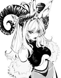Rule 34 | 1girl, animal ears, breasts, cleavage, commission, cropped shirt, detached sleeves, eyeshadow, fur sleeves, greyscale, halter shirt, halterneck, highres, horns, long hair, looking at viewer, makeup, medium breasts, midriff, monochrome, navel, original, panties, pantyhose, parted lips, rabbit ears, rimii, see-through, see-through skirt, skirt, solo, underwear, unfinished, white background