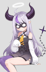 Rule 34 | 1girl, absurdres, ahoge, arm support, bare shoulders, belt, blush, borrowed clothes, braid, closed mouth, collarbone, covered collarbone, cross, cross print, eye mask, food211, grey background, grey hair, halo, highres, hololive, holox, horns, invisible chair, la+ darknesss, mask, multicolored hair, necktie, o-ring, o-ring belt, pointy ears, purple hair, purple horns, purple thighhighs, simple background, single thighhigh, sitting, sleeves past wrists, smile, solo, streaked hair, striped, striped horns, thighhighs, twitter username, virtual youtuber, yellow necktie