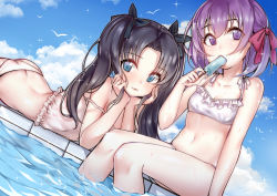 Rule 34 | 2girls, aged down, ass, bikini, bird, black hair, blue eyes, blue sky, bob cut, breasts, cleavage, closed mouth, cloud, cloudy sky, day, dutch angle, eating, fate (series), food, hair ribbon, head rest, long hair, looking at viewer, lying, matou sakura, mouth hold, multiple girls, navel, on stomach, outdoors, parted bangs, popsicle, ribbon, short hair, siblings, sisters, sitting, skindentation, sky, small breasts, smile, soaking feet, sparkle, strap slip, sunege (hp0715), sweat, swimsuit, thighs, tohsaka rin, twintails, white bikini