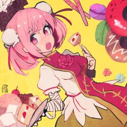 Rule 34 | 1girl, bandaged arm, bandages, bun cover, cake, commentary request, cuffs, dated, doughnut, flower, food, food on face, fork, green skirt, holding, holding fork, ibaraki kasen, maaru (akira428), macaron, one-hour drawing challenge, open mouth, pink eyes, pink flower, pink hair, pink rose, puffy short sleeves, puffy sleeves, rose, shirt, short hair, short sleeves, signature, simple background, skirt, solo, strawberry shortcake, tabard, touhou, white shirt, yellow background