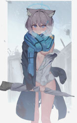 Rule 34 | 1girl, absurdres, animal ear fluff, animal ears, blue archive, blue eyes, blue scarf, cross hair ornament, grey hair, grey sky, hair ornament, halo, heavy breathing, highres, long sleeves, lovelyme, medium hair, mismatched pupils, navel, no bra, no panties, partially unbuttoned, rain, scarf, shiroko (blue archive), shirt, sky, solo, storm, striped clothes, striped scarf, unbuttoned, unbuttoned shirt, white shirt, wolf ears