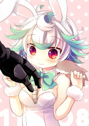 Rule 34 | 1boy, 1girl, animal ears, bare shoulders, between breasts, blush, bondrewd, bow, bowtie, breasts, closed mouth, fake animal ears, fur trim, gauntlets, green hair, green neckwear, hairband, hands up, leotard, looking at another, made in abyss, meinya (made in abyss), multicolored hair, pink background, playboy bunny, polka dot, polka dot background, prushka, rabbit ears, red eyes, sakurazawa izumi, short hair, small breasts, streaked hair, upper body, white hair, white leotard, wristband