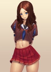 Rule 34 | 1girl, abs, adapted costume, armband, arms behind back, blue eyes, blue neckerchief, brown background, brown hair, brown shirt, commentary, contrapposto, crop top, crop top overhang, fate/grand order, fate/grand order arcade, fate (series), gradient background, grin, highres, legs apart, leonardo da vinci (active sailor) (fate), leonardo da vinci (fate), leonardo da vinci (rider) (fate), long hair, looking at viewer, medium skirt, midriff, navel, neckerchief, parted bangs, pleated skirt, puff and slash sleeves, puffy short sleeves, puffy sleeves, ranma (kamenrideroz), red skirt, school uniform, serafuku, shirt, short sleeves, sidelocks, skirt, smile, solo, standing, star (symbol), stomach, wavy hair