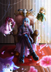 Rule 34 | absurdres, armchair, bad id, bad pixiv id, blue eyes, blue hair, chair, detached sleeves, dog, flower, full body, highres, inuboe, long hair, petals, puppet, sitting, skull, solo
